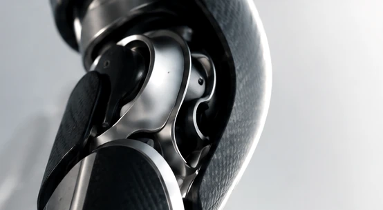 Conceptual macro rendering of a metallic robotic prosthetic joint mechanism