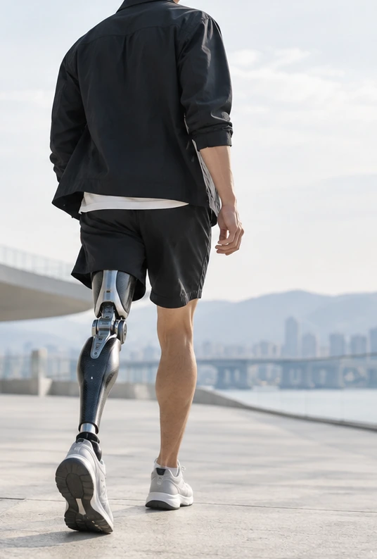 Concept close-up of a person walking with a robotic prosthesis